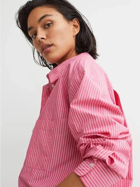 EUC Oversized Pink & White Pinstripe Button Down Cotton Boyfriend Shirt - Medium - Picture 2 of 9